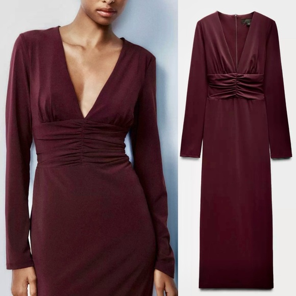 Zara NWT burgundy v neck long sleeve midi dress with ruched draped detail - Picture 1 of 8